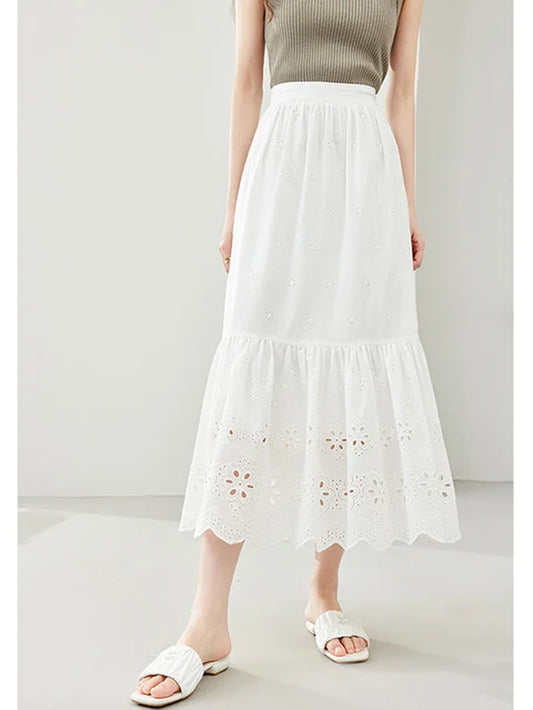 White Cotton A-Line Skirt with Elastic Waist