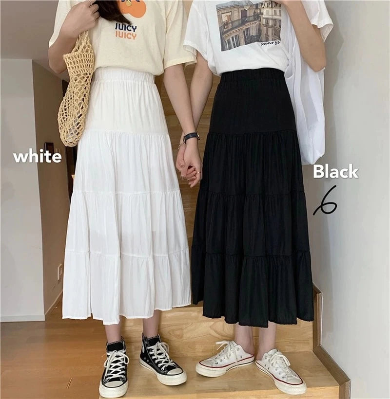 Spring Summer Women Chiffon Skirts Vintage High Waist Elastic Patchwork White Black Chic Long Cake A-Line Skirt for Student-Gennys fashion