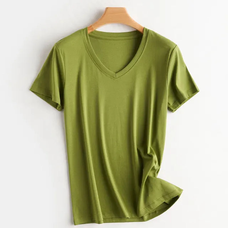 Summer 100% Mercerized Cotton Women Silk T-Shirts O Neck Short Sleeve Loose Straight Tops Simple Casual Tees for Minimalist 2023-Gennys fashion