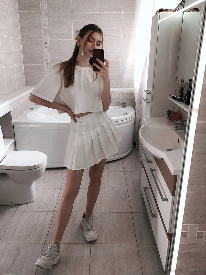 High Waist Solid Pleated Mini Skirt for Women Summer Spring Korean Preppy Style Fashion Cute A-Line Skirts Y2K Skort Clothes-Gennys fashion