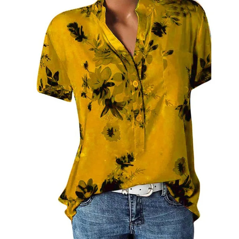 Elegant Women'S Shirt Printing Large Size Casual Shirt Fashion V-Neck Short-Sleeved Shirt Blouse-Gennys fashion