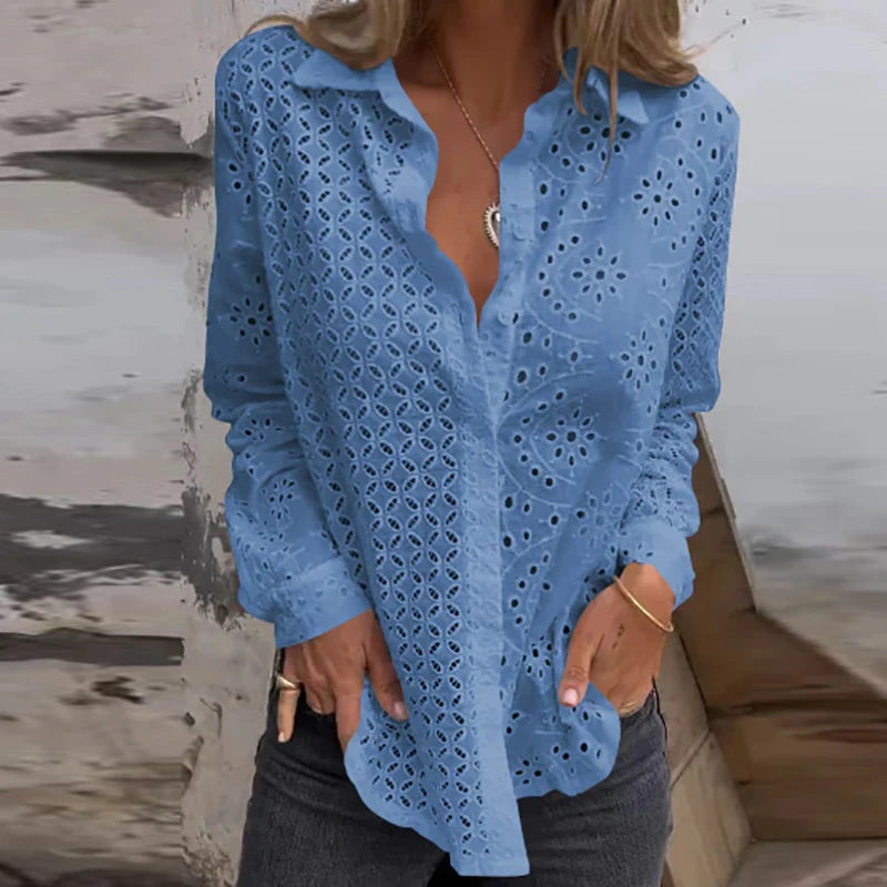 Sexy Hollow Out Embroidery Crochet Blouses Women Spring Solid Long Sleeve Jacquard Top Summer Loose Single Breasted Lapel Shirt-Gennys fashion