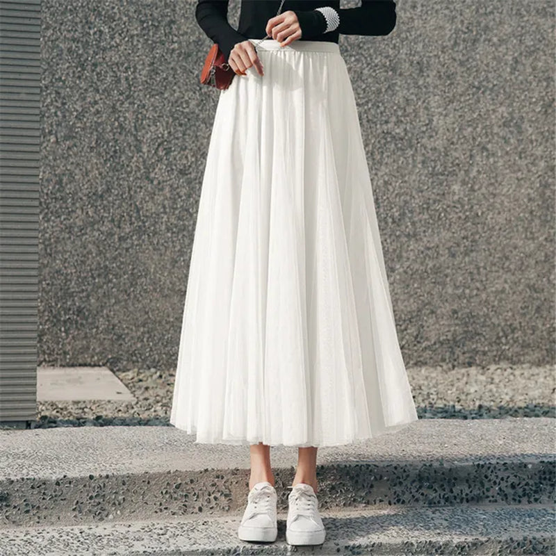 New Women Mesh Elastic Tutu Skirt Beach Spring Summer Korean High Waist Fashion Pleated Long Skirt Black White Tulle Skirts-Gennys fashion