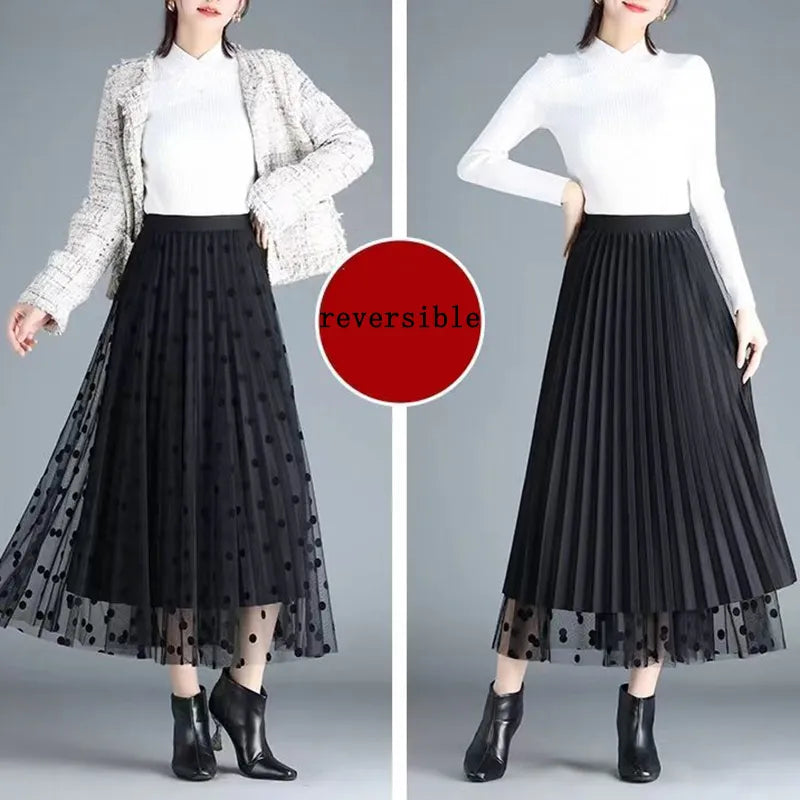 Elegant Mid-Length All-Match High-Waist Slimming Flocking Floral Mesh Long Gauze Skirts Women 2023 Autumn Winter High Waisted-Gennys fashion