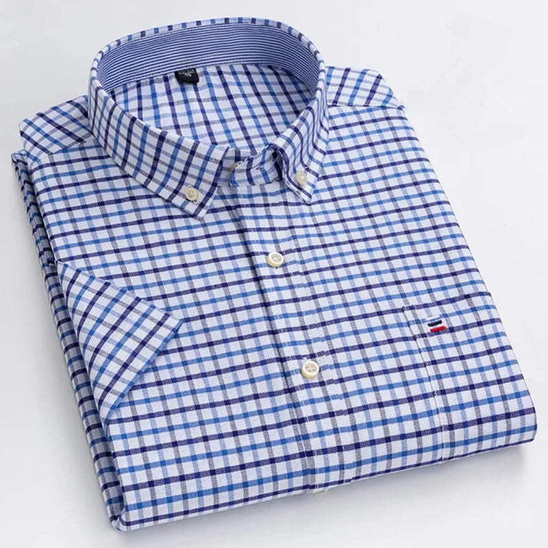 Men'S High-Quality Oxford Cotton Short Sleeved Shirt for Summer Comfort Breathable Classic Solid Color Plaid Business Leisure-Gennys fashion