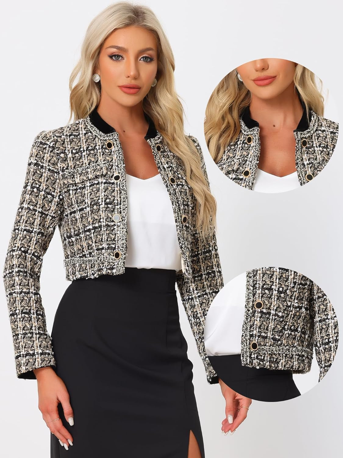 Tweed Crop Jacket for Women'S Stand Collar Double Breasted Elegant Plaid Blazer-Gennys fashion