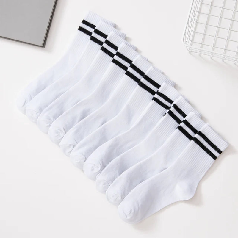 10 Pairs High Tube Mid Length Socks Set Women in Solid Black White Parallel Bars Popular Sweat Absorption Fashion Women'S Socks-Gennys fashion