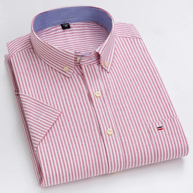 Men'S High-Quality Oxford Cotton Short Sleeved Shirt for Summer Comfort Breathable Classic Solid Color Plaid Business Leisure-Gennys fashion