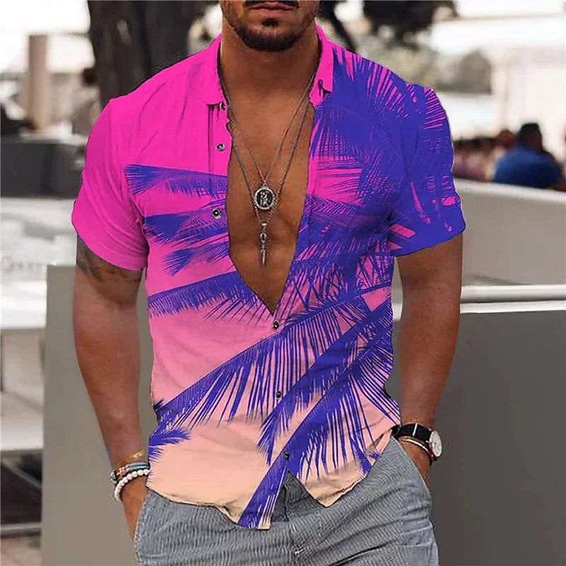 2024 Summer Hawaiian Men'S Shirt Vacation Daily Slim-Fit Top Gym Elegant Floral Pattern Leaves Society Casual Fashion-Gennys fashion