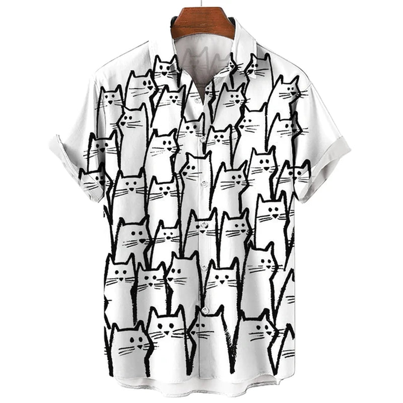 Men'S Hawaiian Collar Shirt 3D Printing Short Sleeve Cute Cat Casual for Men Vintage Clothes Harajuku Floral Blouse-Gennys fashion