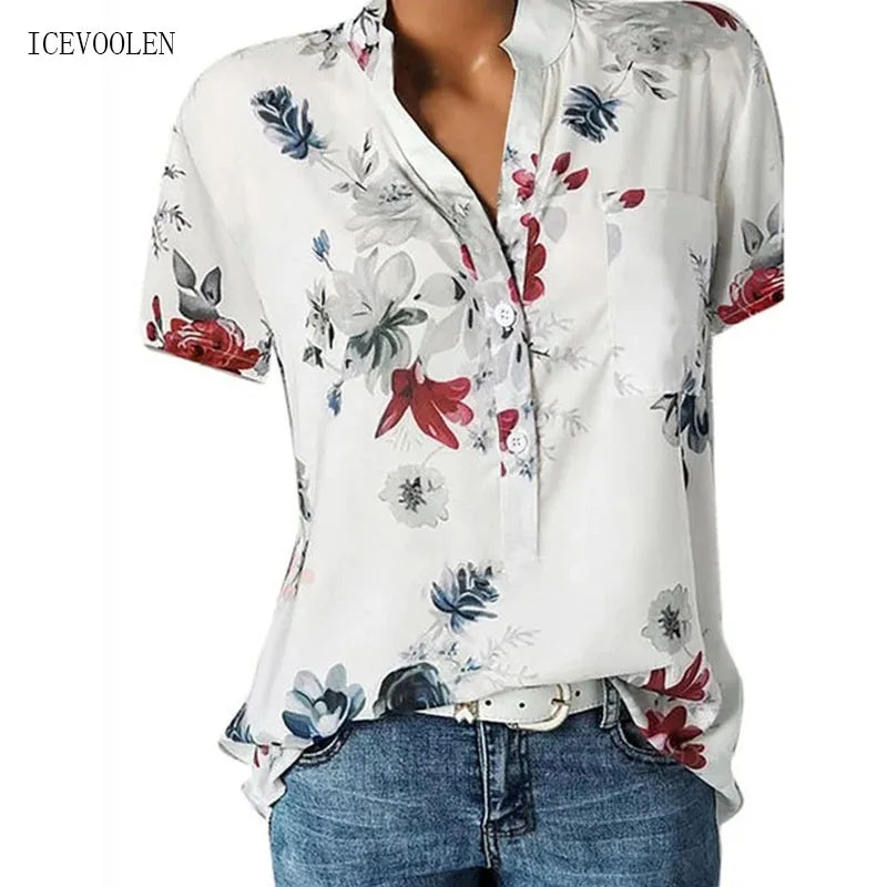 Elegant Women'S Shirt Printing Large Size Casual Shirt Fashion V-Neck Short-Sleeved Shirt Blouse-Gennys fashion