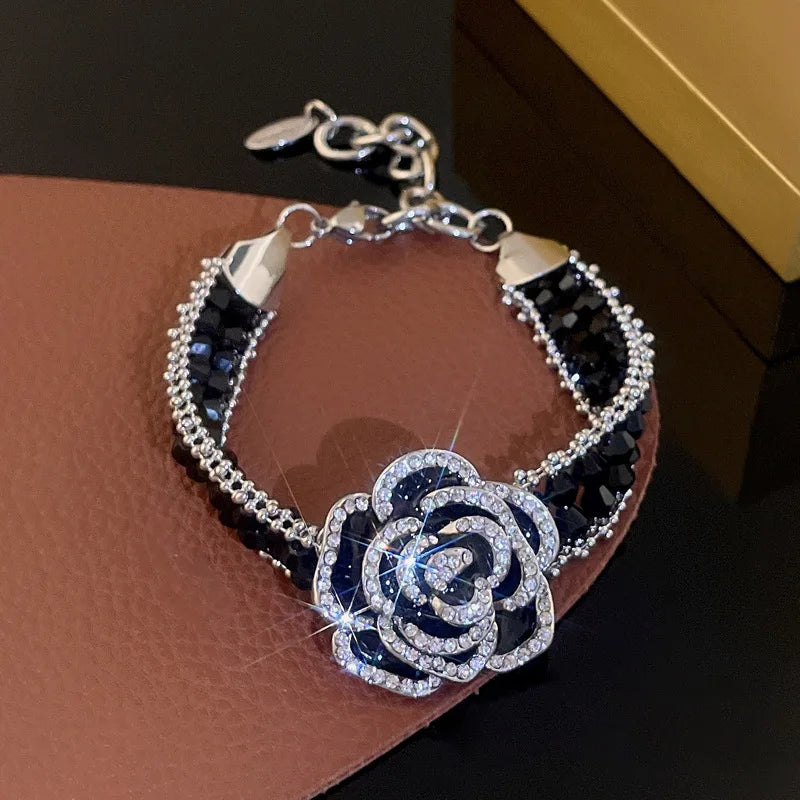 Fashion Camellia Flower Bracelet for Women Black Crystal Chain Bracelets Weddings Party Bangles 2024 New in Charms Jewelry Sets-Gennys fashion