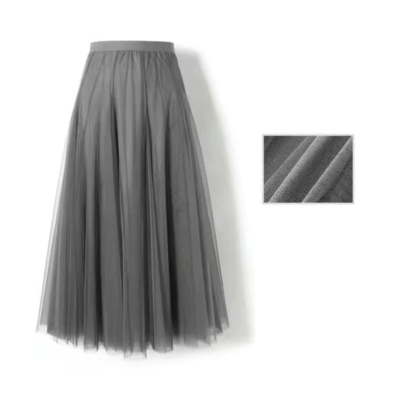 New Women Mesh Elastic Tutu Skirt Beach Spring Summer Korean High Waist Fashion Pleated Long Skirt Black White Tulle Skirts-Gennys fashion