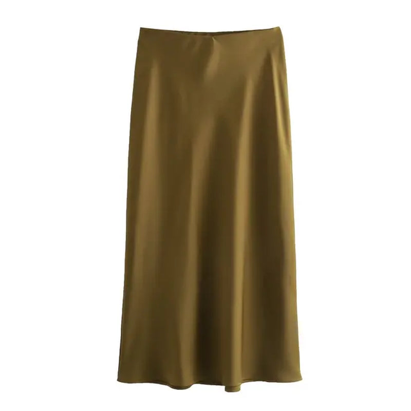 2024 Women Solid Satin Skirt Strethy High Waist Female Long Skirt 6X007-Gennys fashion