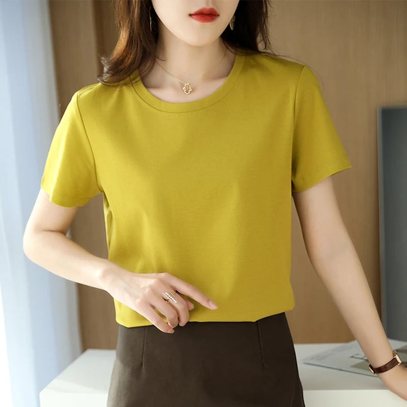 Summer 100% Mercerized Cotton Women Silk T-Shirts O Neck Short Sleeve Loose Straight Tops Simple Casual Tees for Minimalist 2023-Gennys fashion