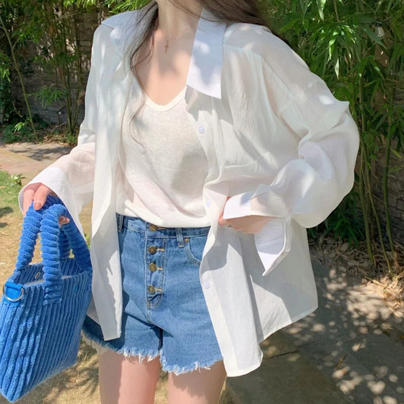 Sun-Proof Thin Summer Shirt Women Simple Solid Color Long Sleeve Blouse Woman 2024 Korean Style Loose Basic Shirts Female-Gennys fashion