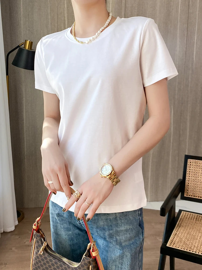 Summer 100% Mercerized Cotton Women Silk T-Shirts O Neck Short Sleeve Loose Straight Tops Simple Casual Tees for Minimalist 2023-Gennys fashion