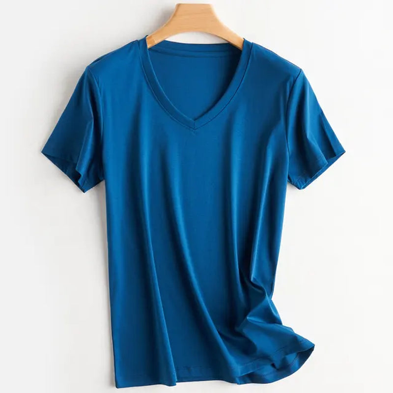 Summer 100% Mercerized Cotton Women Silk T-Shirts O Neck Short Sleeve Loose Straight Tops Simple Casual Tees for Minimalist 2023-Gennys fashion