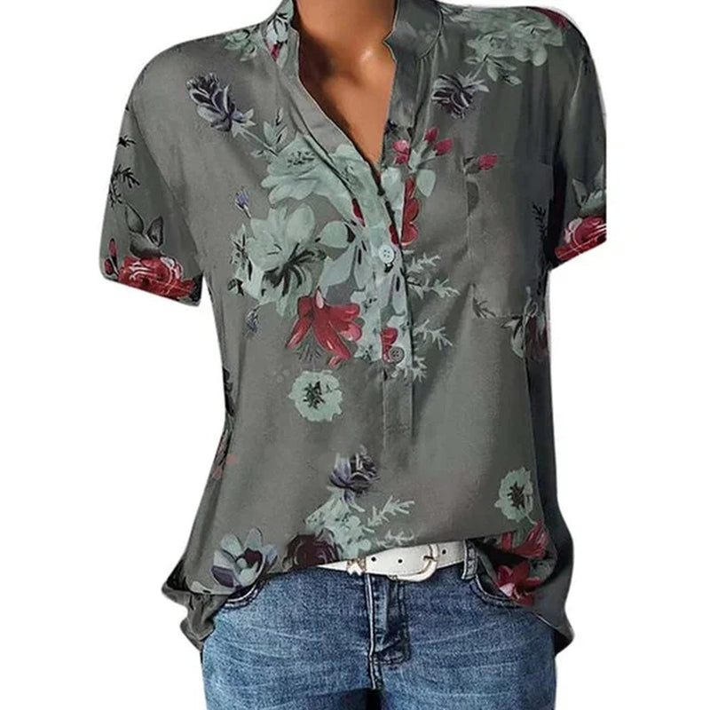 Elegant Women'S Shirt Printing Large Size Casual Shirt Fashion V-Neck Short-Sleeved Shirt Blouse-Gennys fashion