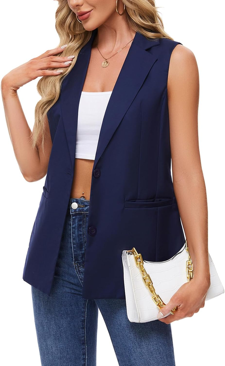 Sleeveless Blazer for Women Notch Lapel Waistcoat Vest Loose Jacket Casual Outerwear with Buttons Pockets-Gennys fashion