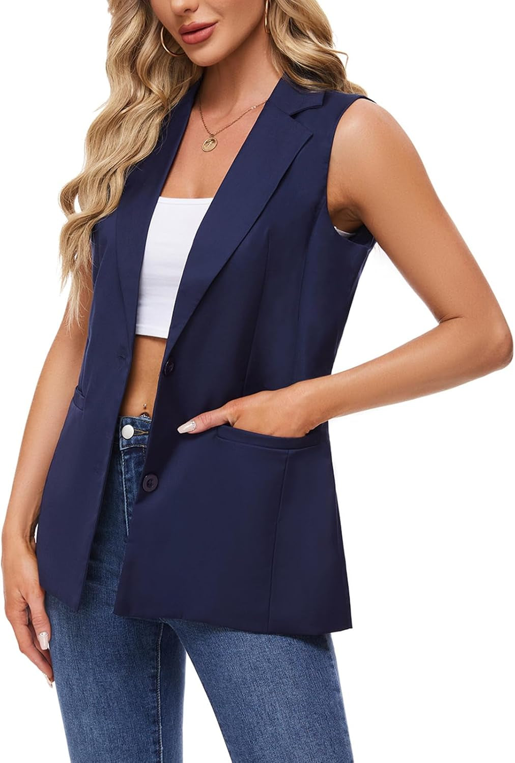 Sleeveless Blazer for Women Notch Lapel Waistcoat Vest Loose Jacket Casual Outerwear with Buttons Pockets-Gennys fashion