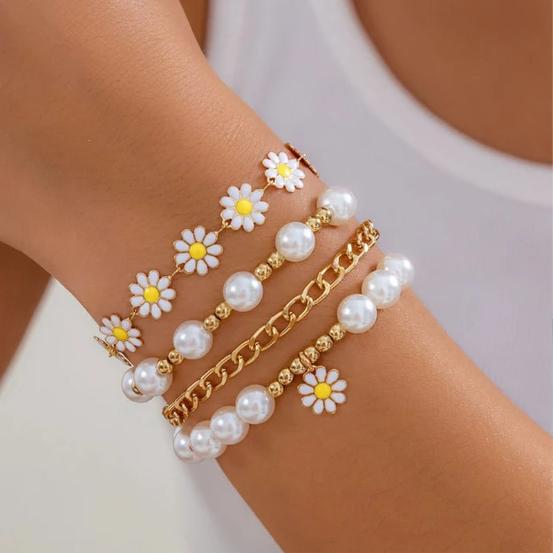 8Pcs Vintage Daisy Flower Pendant Bracelet Set for Women Bohemian Beaded Enamel Star Heart Pearl Bangles Trendy Jewelry Gifts-Gennys fashion