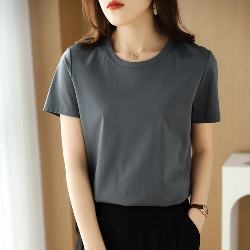 Summer 100% Mercerized Cotton Women Silk T-Shirts O Neck Short Sleeve Loose Straight Tops Simple Casual Tees for Minimalist 2023-Gennys fashion