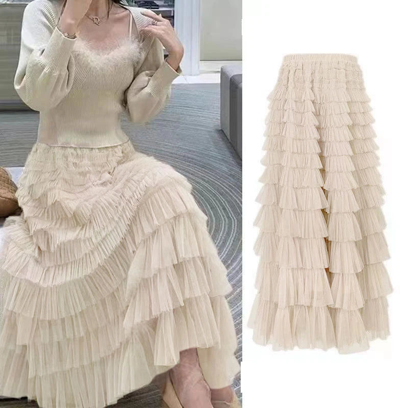 Summer Spring Women’S Multilayer Ruffles Tulle Skirt Pleated High Waist Fluffy Maxi Skirt Fairy Cake Dress Long Tutu Party Skirt-Gennys fashion