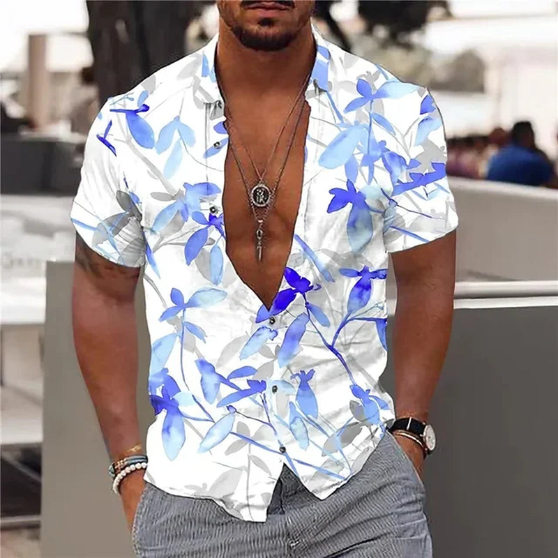 2024 Summer Hawaiian Men'S Shirt Vacation Daily Slim-Fit Top Gym Elegant Floral Pattern Leaves Society Casual Fashion-Gennys fashion