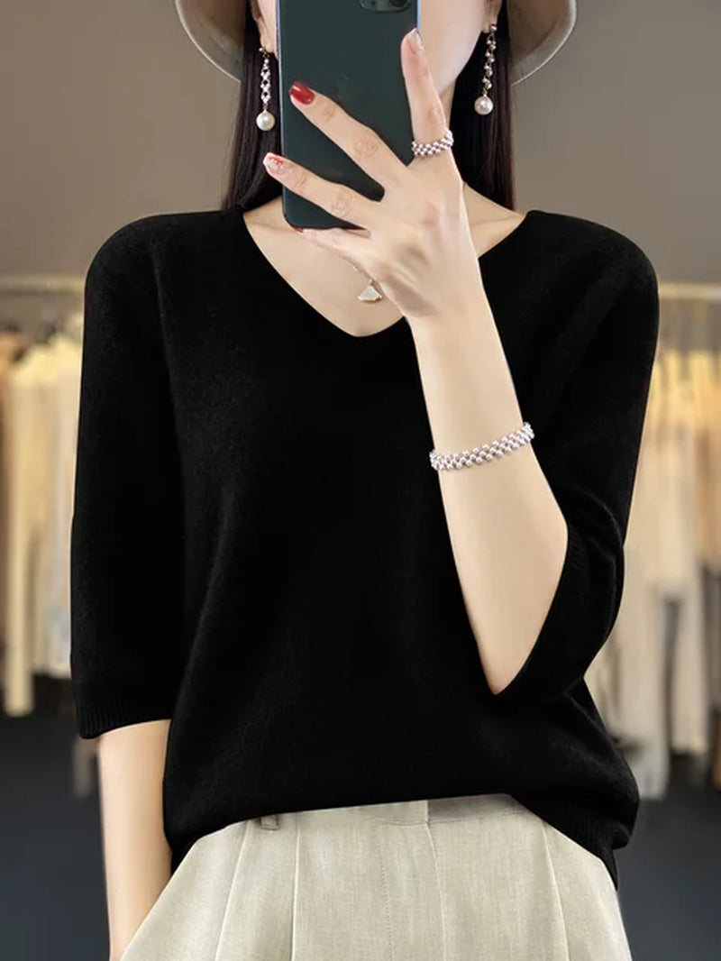 Short Sleeve Women Knitted Sweaters 100% Pure Merino Wool Cashmere Spring Fashion V-Neck Top Pullover Clothing-Gennys fashion