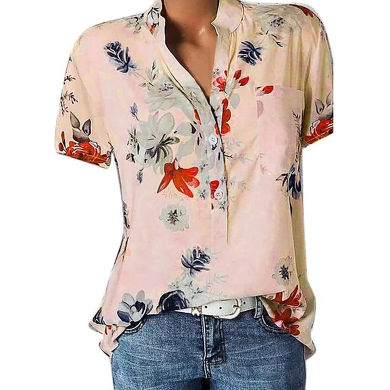 Elegant Women'S Shirt Printing Large Size Casual Shirt Fashion V-Neck Short-Sleeved Shirt Blouse-Gennys fashion