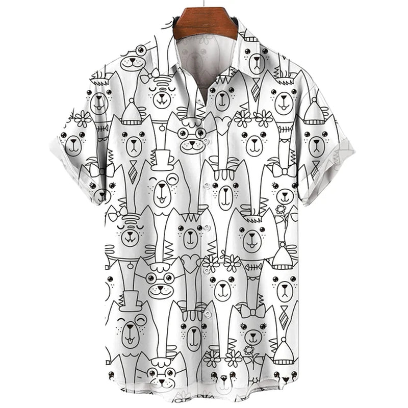 Men'S Hawaiian Collar Shirt 3D Printing Short Sleeve Cute Cat Casual for Men Vintage Clothes Harajuku Floral Blouse-Gennys fashion