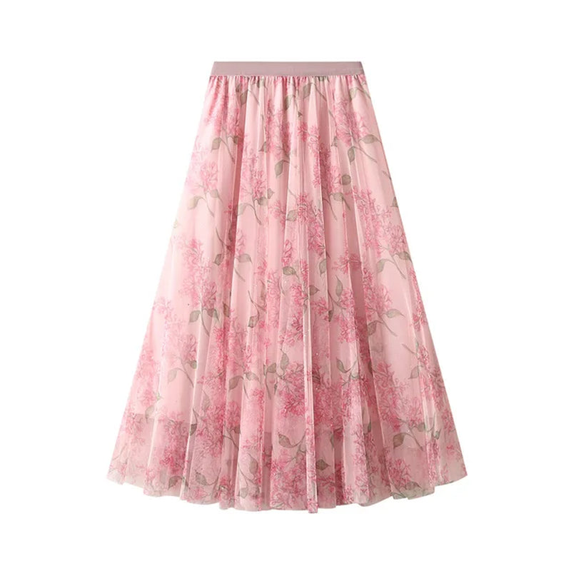 Gentle Long Skirt Girl Pink Print High Waist A-Line Half Skirt Temperament Mesh Sparkling Sparkling Flowing Skirt-Gennys fashion