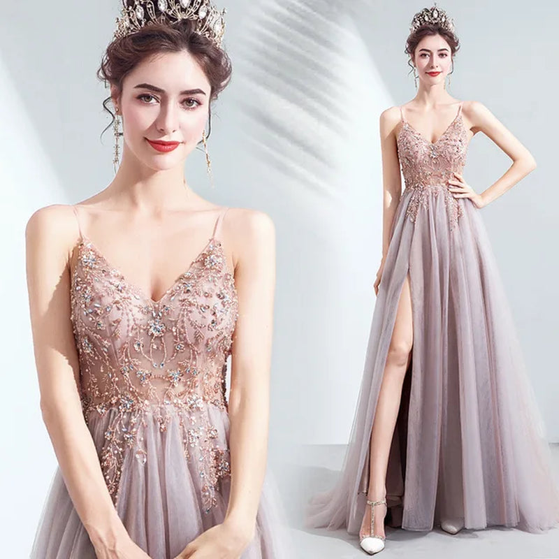 V-Neck High-Split Evening Dress 