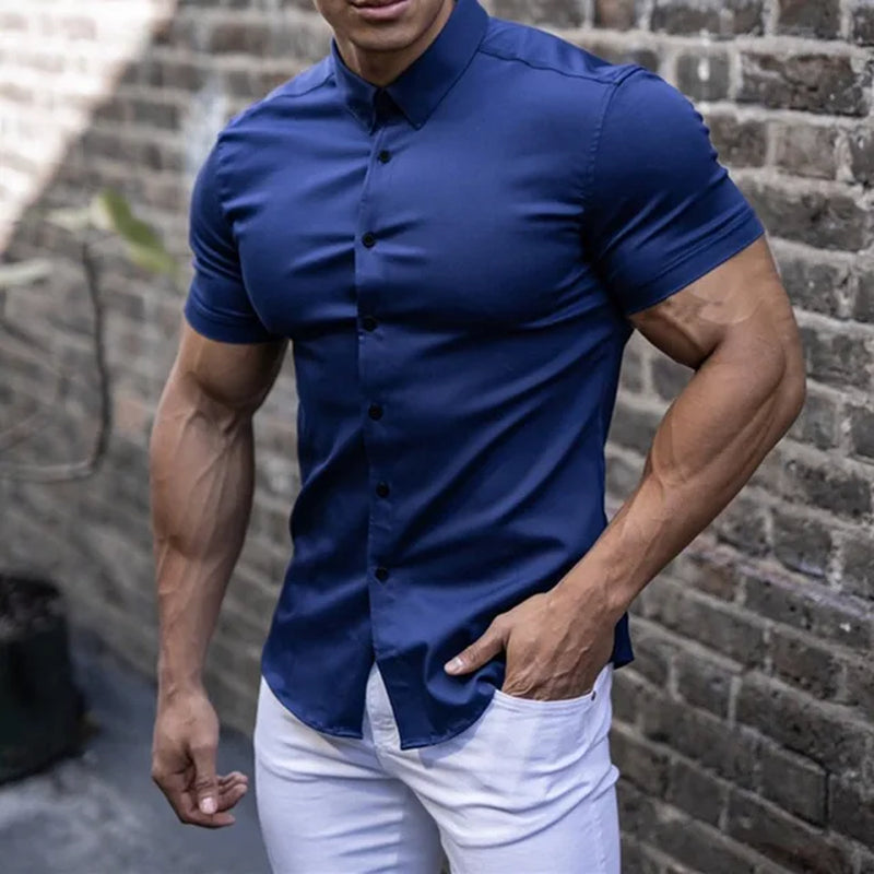 New Summer Fitness Solid Color Sports Single Breasted Casual Cardigan Business Shirt Short Sleeve Lapel Shirt Elastic Thin Men-Gennys fashion