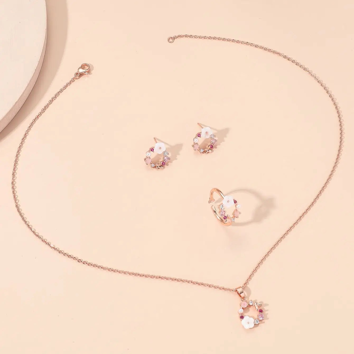 4 Pieces Rose Gold-Color Lady Flower Fashion Accessories Zircon Simple Ornate Exquisite Necklace Ring Earrings Jewelry Set-Gennys fashion