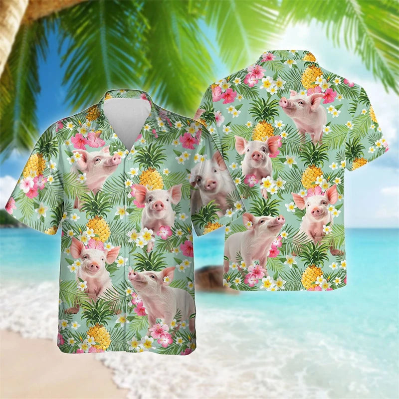 Funny Animal Pig 3D Printed Beach Shirt Cute Pet Graphic Shirts for Men Clothes Casual Hawaiian Surfing Short Sleeve Boy Blouses-Gennys fashion