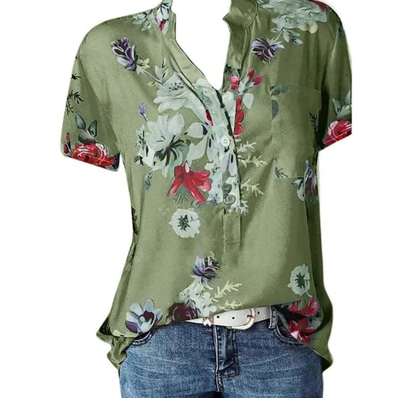 Elegant Women'S Shirt Printing Large Size Casual Shirt Fashion V-Neck Short-Sleeved Shirt Blouse-Gennys fashion