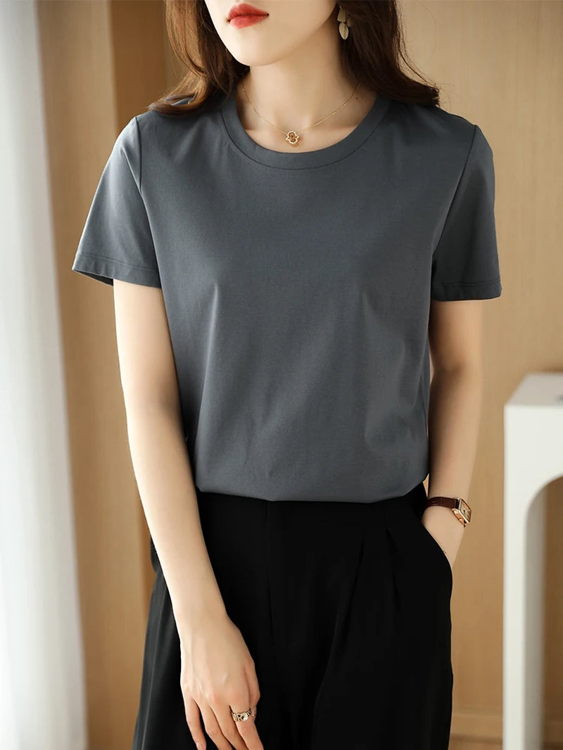 Summer 100% Mercerized Cotton Women Silk T-Shirts O Neck Short Sleeve Loose Straight Tops Simple Casual Tees for Minimalist 2023-Gennys fashion