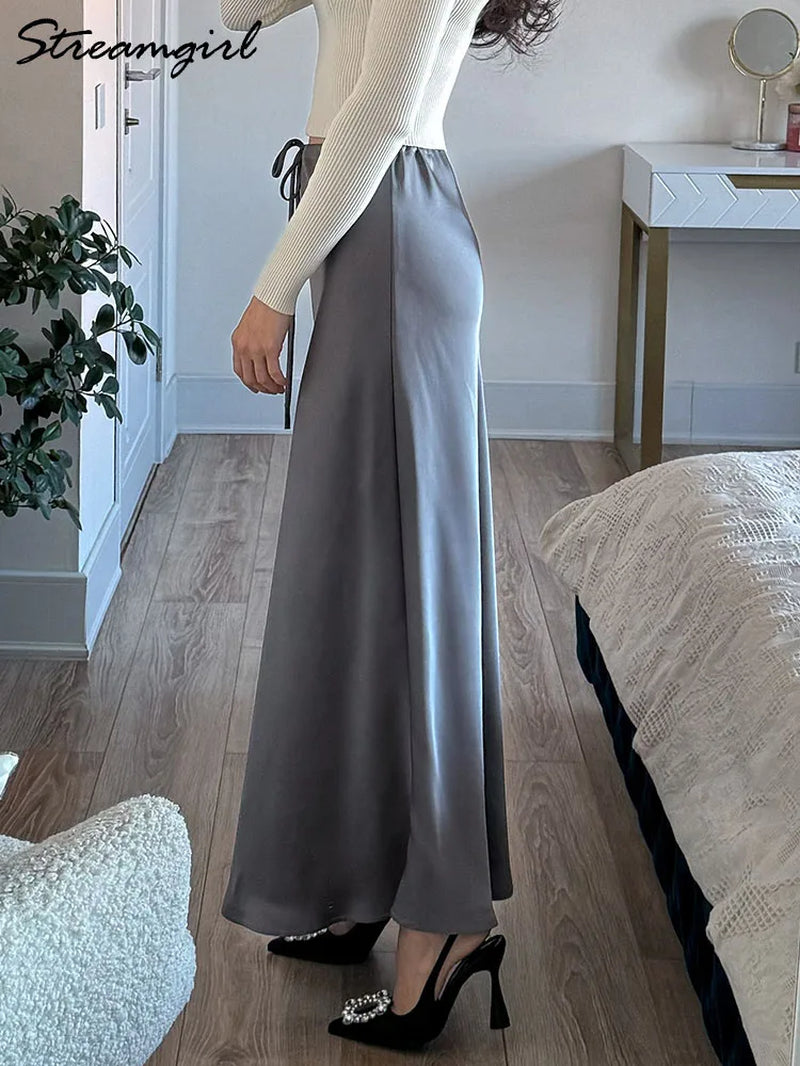 a Line Long Satin Skirts for Women Black 2024 Elegant High Waist Maxi Beige Skirts Silk Lace up Long Skirt Women-Gennys fashion