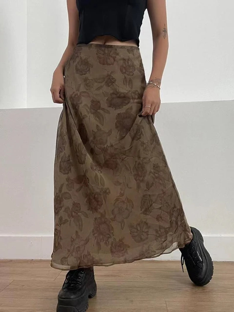 Y2K Fairycore Grunge Floral Print A-Line Maxi Skirts Harajuku Mesh Patchwork Brown Chic Loose Long Skirts High Street Cloth-Gennys fashion