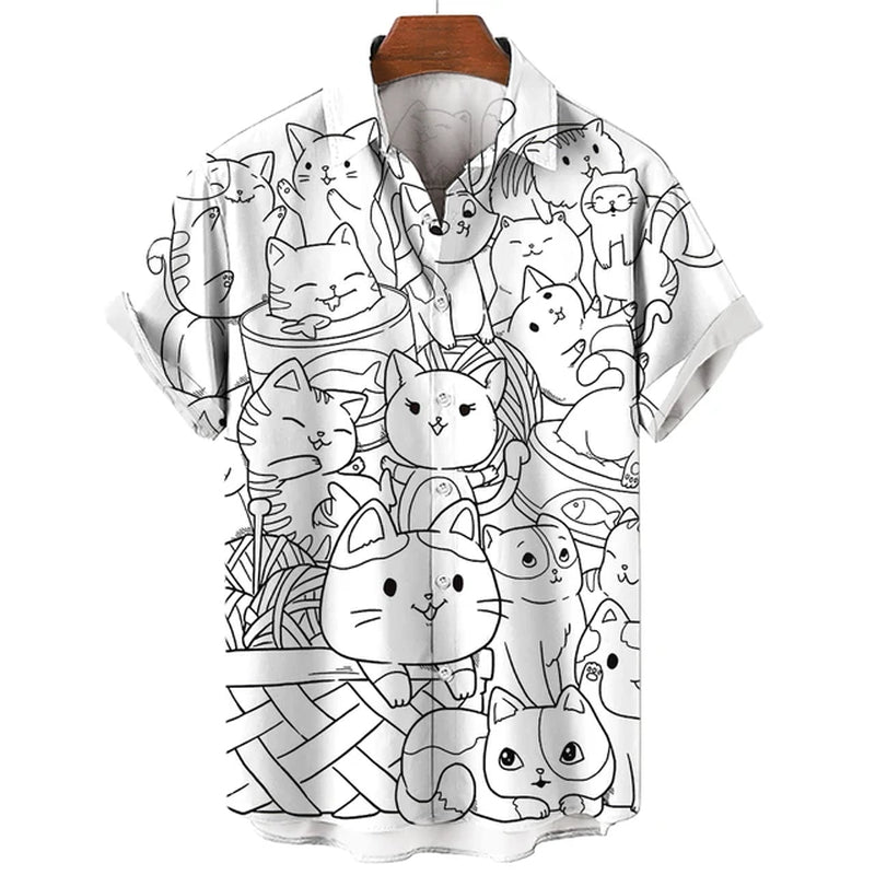 Men'S Hawaiian Collar Shirt 3D Printing Short Sleeve Cute Cat Casual for Men Vintage Clothes Harajuku Floral Blouse-Gennys fashion