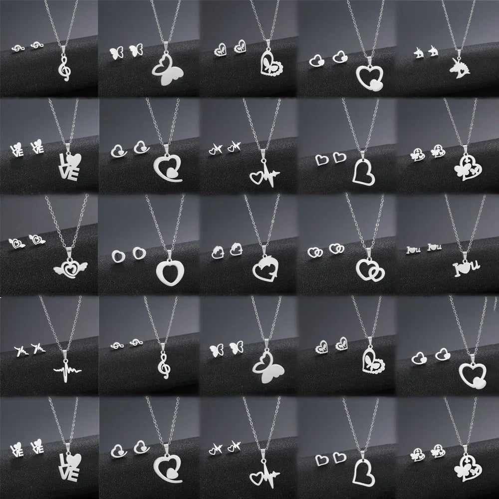 10Sets/Lot Fashion Women Stainless Steel Stud Earrings Necklace Set Trendy Sweet Heart Mini Jewelry Wedding Party Gift Mix Style-Gennys fashion