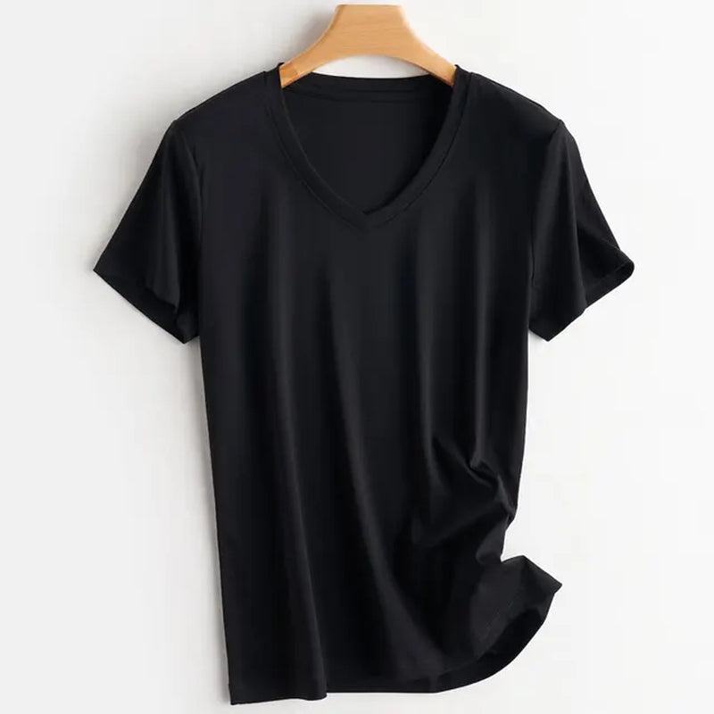 Summer 100% Mercerized Cotton Women Silk T-Shirts O Neck Short Sleeve Loose Straight Tops Simple Casual Tees for Minimalist 2023-Gennys fashion