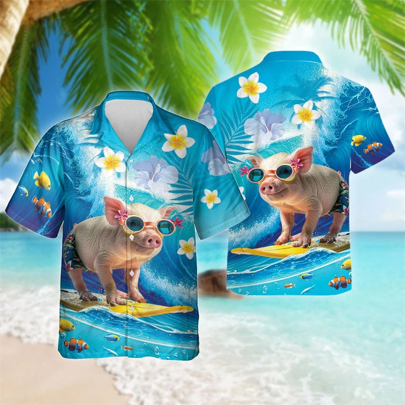 Funny Animal Pig 3D Printed Beach Shirt Cute Pet Graphic Shirts for Men Clothes Casual Hawaiian Surfing Short Sleeve Boy Blouses-Gennys fashion