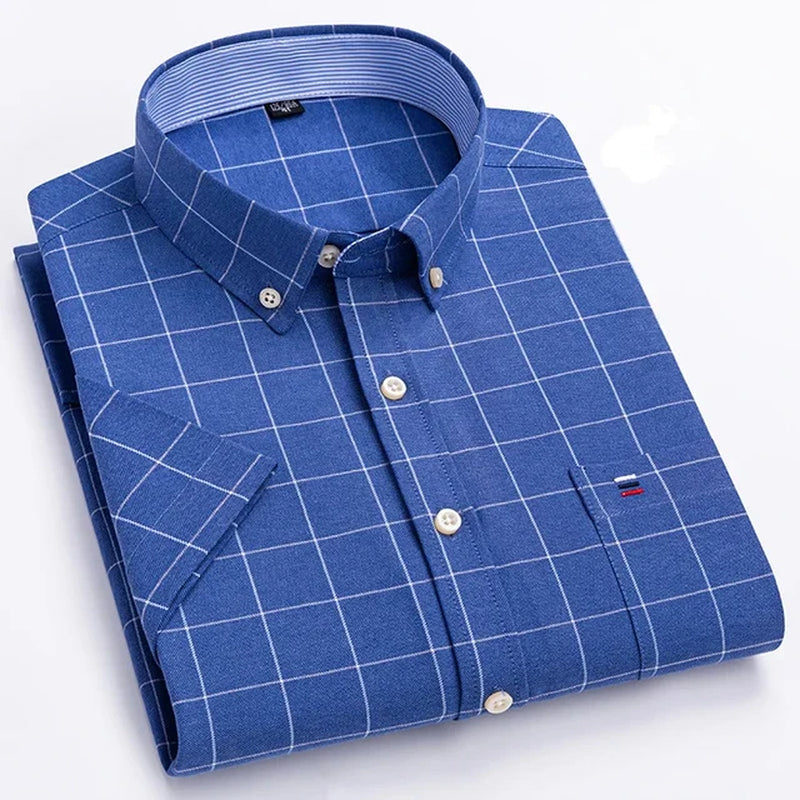 Men'S High-Quality Oxford Cotton Short Sleeved Shirt for Summer Comfort Breathable Classic Solid Color Plaid Business Leisure-Gennys fashion