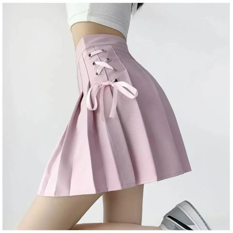 Preppy Style High-Waisted Mini Dress Slimming Skirt for Women Pleated Torso Waistband Eyelet Details Spring Summer Season-Gennys fashion