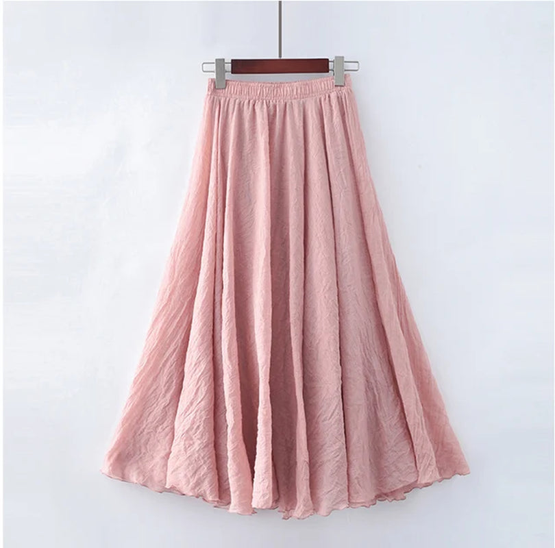 High Quality Cotton Linen Maxi Skirt Womens Casual Elastic High Waist Pleated A-Line Beach Skirts Boho Saia Feminina Faldas Jupe-Gennys fashion