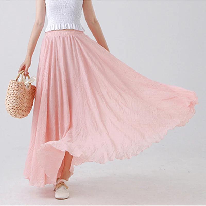 High Quality Cotton Linen Maxi Skirt Womens Casual Elastic High Waist Pleated A-Line Beach Skirts Boho Saia Feminina Faldas Jupe-Gennys fashion