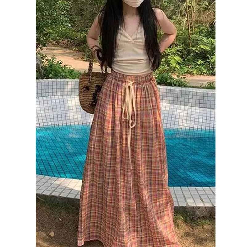 Vintage Y2K Plaid Skirts Women Harajuku Streetwear Drawstring Long Skirt Woman Summer Elastic High Waist A-Line Skirts-Gennys fashion